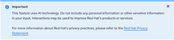 Inline alert info component with "Important. This feature uses AI technology. Do not include any personal information..." guidance