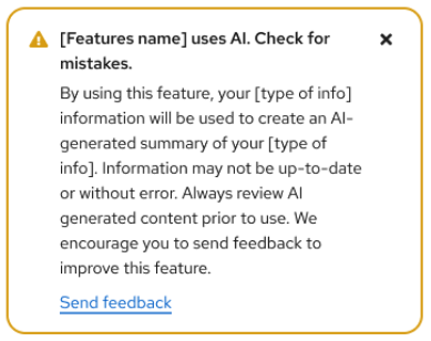 Toast alert warning component with "[Feature name] uses AI. Check for mistakes." guidance