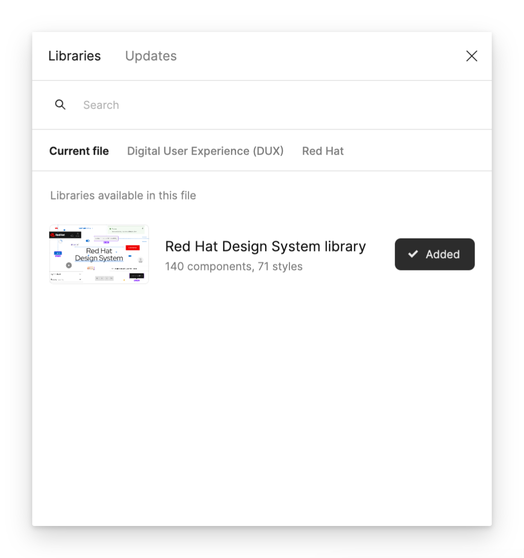 Figma's Libraries modal showing the Red Hat Design System library is added'