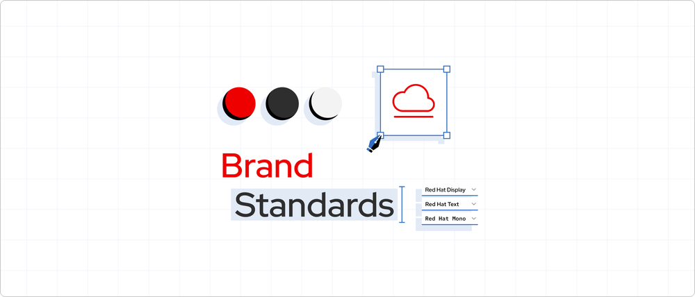 The text 'Brand Standards' with small illustrations of color swatches, dropdown element, and resizing an icon