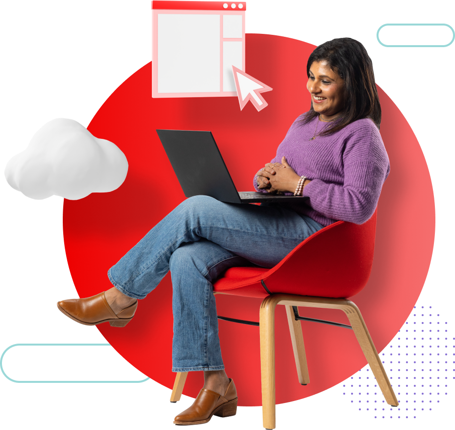 a woman sits cross-legged on a low office chair, smiling at the screen of the black laptop on her knee. floating graphics surround her head: a cloud, a stylized representation of a website