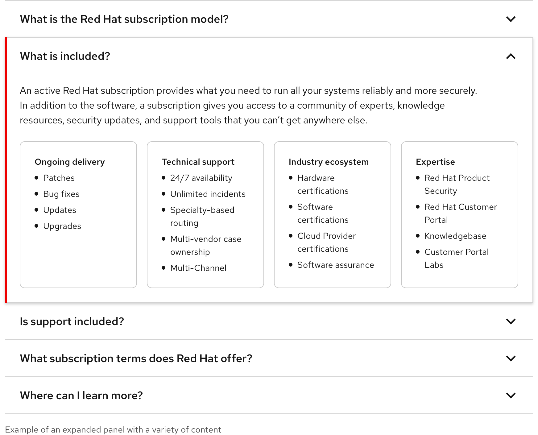 Accordion showing different elements you may include in the expanded panel like headings, body text, links, cards, and more