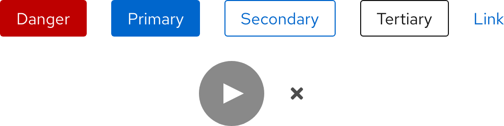Image of light theme Danger, Primary, Secondary, Tertiary, Link, Play, and Close buttons