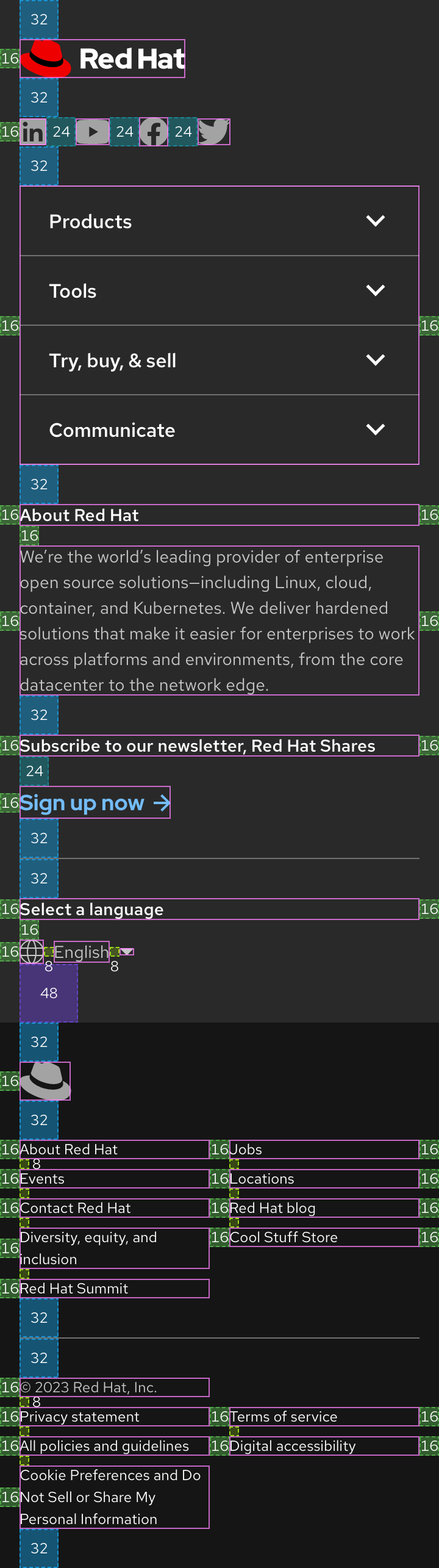 Image of a mobile footer showing space values in between elements