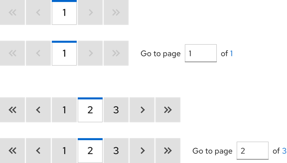 Image of groups of paginations with low page counts; first pagination group shows only 1 page and the second group shows only 3 pages