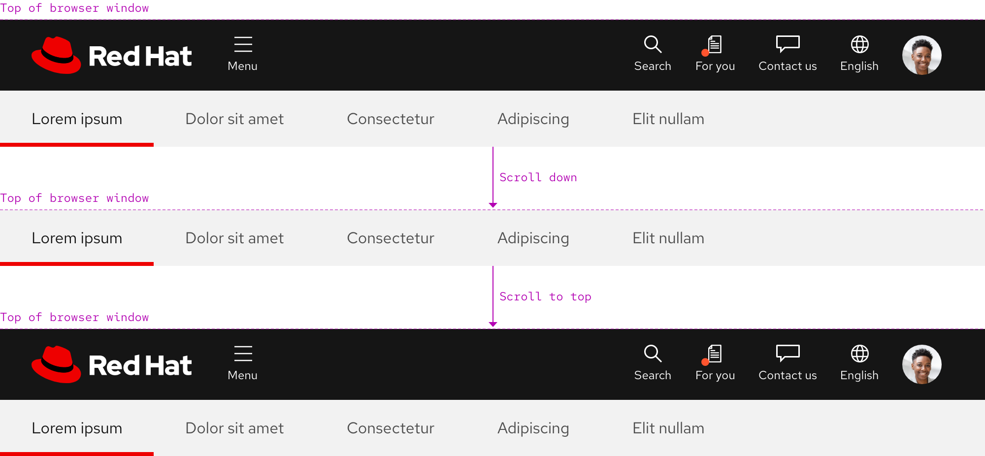 Image of a subnavigation and how it behaves when scrolling under the primary navigation