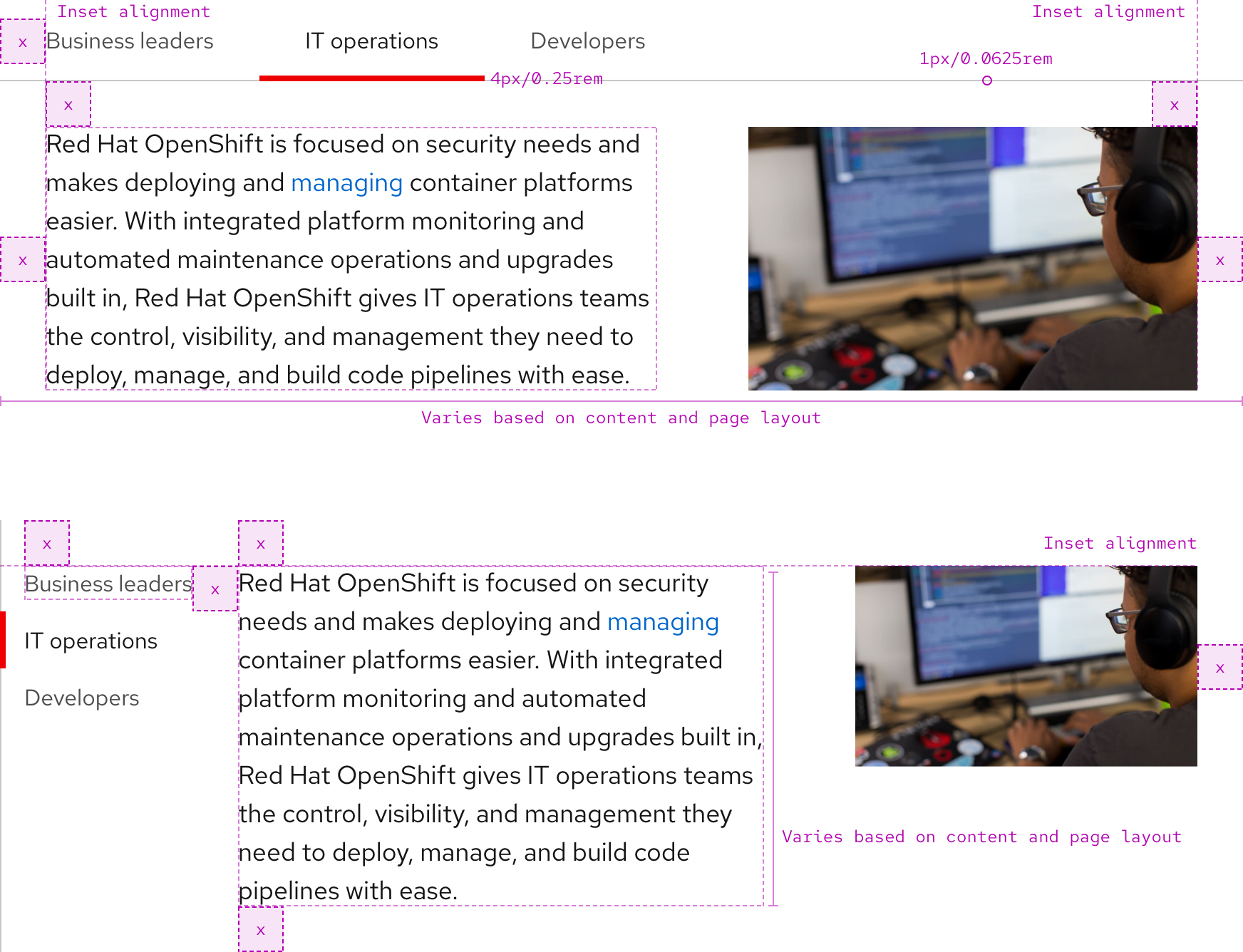 Image of horizontal and vertical tabs construction; several examples showing details like alignment, height, width, and more