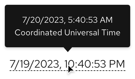 Timestamp with a tooltip on top showing the time and the words Coordinated Universal Time at the end